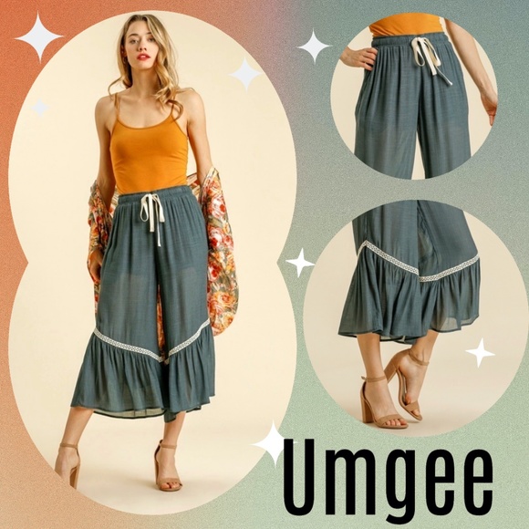 Umgee Pants - Umgee Wide Leg Pants W/Ruffled Hem & Short Lined